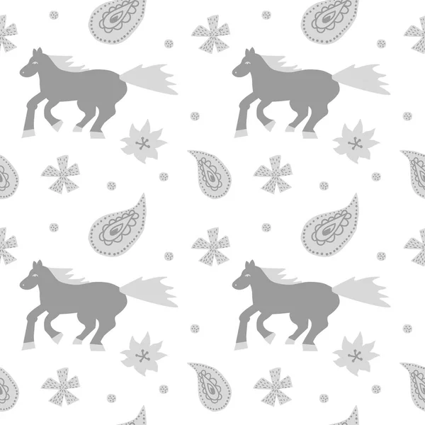 透明背景上有灰马和黑马图解的无缝线矢量图案 斯堪的纳维亚 动物手绘线条风格的印刷品 包装纸 包装的设计 — 图库矢量图片