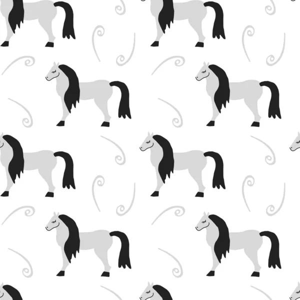 透明背景にグレーと黒の馬のイラストとシームレスなベクトルパターン スカンディナヴィア語 抽象的 アニマリズム的な手描きラインスタイルのプリント ファブリックのためのデザイン 包装紙 — ストックベクタ