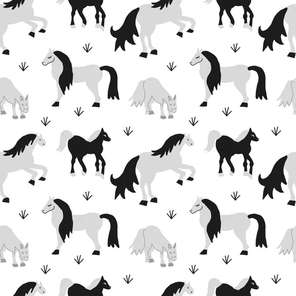 Seamless Vector Pattern Gray Black Horse Illustrations Transparent Background Scandinavian — 图库矢量图片