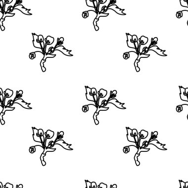 Şeffaf arkaplanda siyah çizgi sakura olan kusursuz vektör deseni. Bahar, botanik, karalama stilinde Asya baskısı. Tekstil, kumaş, ambalaj kağıdı, sosyal medya tasarımları..