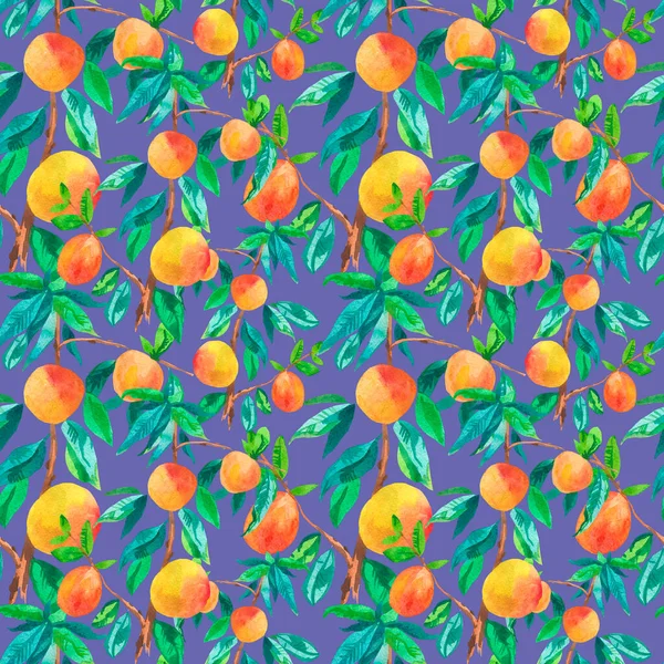 Watercolor Seamless Pattern Orange Peaches Trending Color 2022 Very Peri — Fotografia de Stock