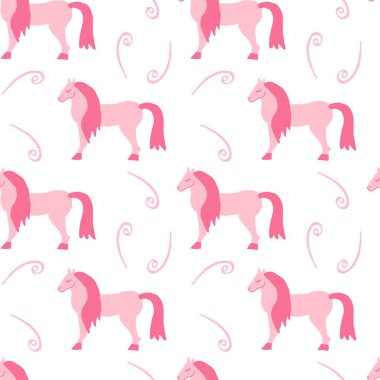 Sevgililer Günü için atlarla kusursuz vektör desenli trend rengi pembe. Soyut, hayvani, minimalist el yazısı. Tekstil, kumaş, ambalaj kağıdı, ambalaj tasarımları.
