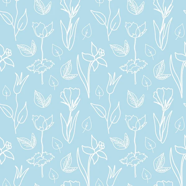 Vector Seamless Pattern Flowers White Line Spun Sugar Hand Painted — 图库矢量图片