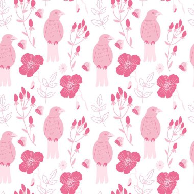 Valentine's Day vector seamless pattern with birds, flowers and butterflies in pink on white.Festive,doodle style hand drawn favorite.Designs in wrapping paper,textiles,scrapbook,packaging,wallpaper.