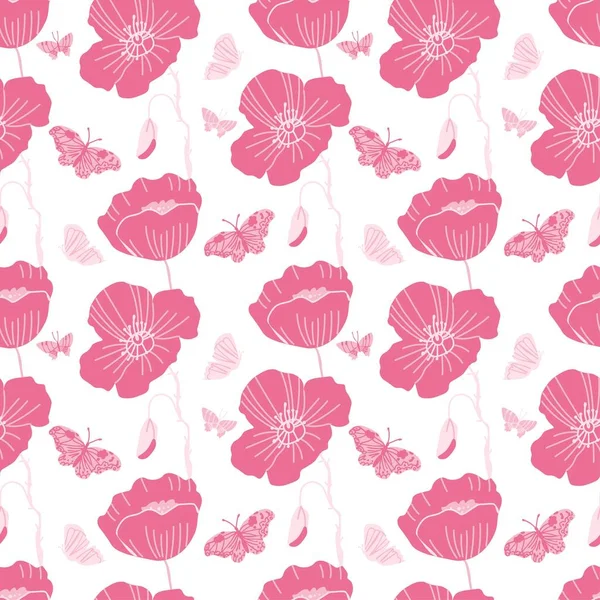 Valentine's Day vector pattern with flowers and butterflies in pink on white. Festive, doodle style hand drawn favorite. Designs in wrapping paper, textiles, scrapbook paper,packaging, wallpaper.