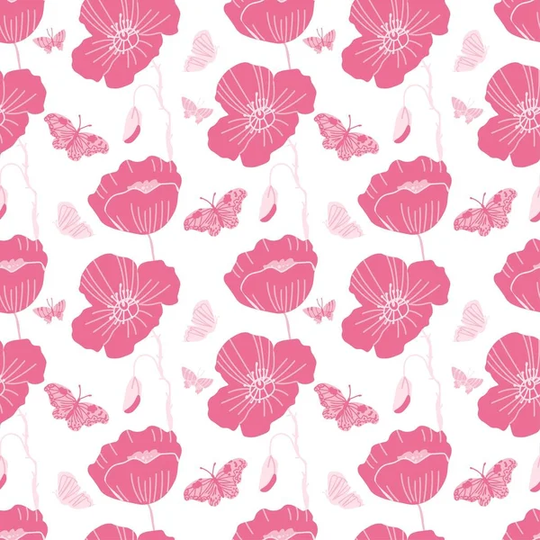 Valentine Day Vector Pattern Flowers Butterflies Pink White Festive Doodle — 스톡 벡터
