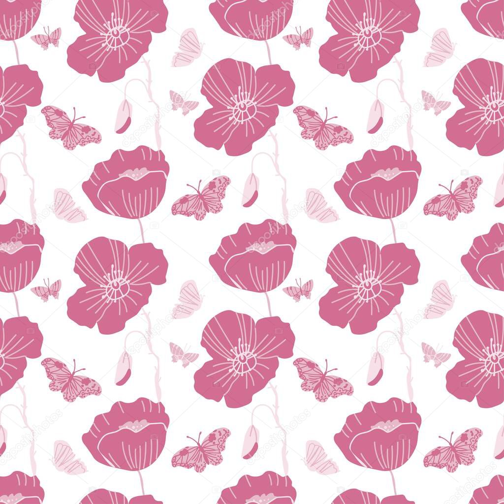 Valentine's Day vector pattern with flowers and butterflies in pink on white. Festive, doodle style hand drawn favorite. Designs in wrapping paper, textiles, scrapbook paper,packaging, wallpaper.