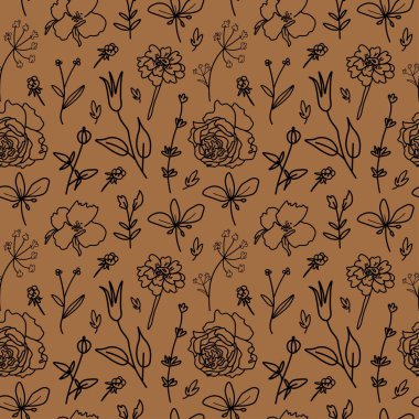 Seamless vector pattern with vintage flowers in black line on kraft background. Minimalist,botanical doodle style print. Design for textiles, wraprapping paper, packaging, social media, scrapbook. 