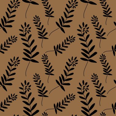 Seamless vector pattern with vintage flowers in black line on kraft background. Minimalist,botanical doodle style print. Design for textiles, wraprapping paper, packaging, social media, scrapbook. 