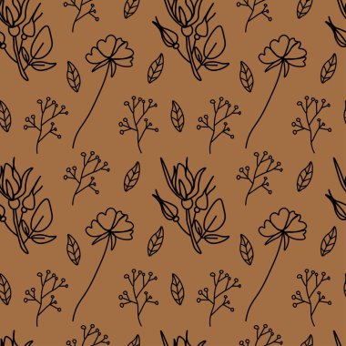 Seamless vector pattern with vintage flowers in black line on kraft background. Minimalist,botanical doodle style print. Design for textiles, wraprapping paper, packaging, social media, scrapbook. 