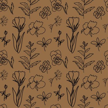 Seamless vector pattern with vintage flowers in black line on kraft background. Minimalist,botanical doodle style print. Design for textiles, wraprapping paper, packaging, social media, scrapbook. 