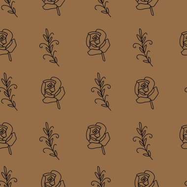 Seamless vector pattern with vintage flowers in black line on kraft background. Minimalist,botanical doodle style print. Design for textiles, wraprapping paper, packaging, social media, scrapbook. 