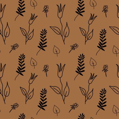 Seamless vector pattern with vintage flowers in black line on kraft background. Minimalist,botanical doodle style print. Design for textiles, wraprapping paper, packaging, social media, scrapbook. 