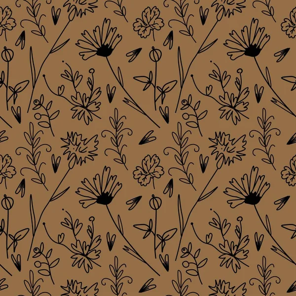 Seamless Vector Pattern Vintage Flowers Black Line Kraft Background Minimalist — Stockvektor