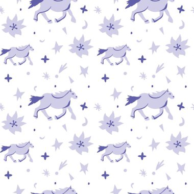 Vector seamless pattern with horses on trendy purple background.Minimalistic,animalistic print in Very Peri in doodle style.Design for textiles,wraprapping paper,packaging,social media,scrapbook. 