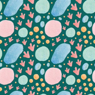Seamless abstract pattern with pastel shapes on trendy green background. Watercolor, textural, repeating hand painted print. Designs for textile, fabric, wrapping paper, packaging, scrapbook paper.