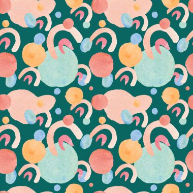 Seamless abstract pattern with pastel shapes on trendy green background. Watercolor, textural, repeating hand painted print. Designs for textile, fabric, wrapping paper, packaging, scrapbook paper.