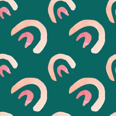 Seamless abstract pattern with pastel shapes on trendy green background. Watercolor, textural, repeating hand painted print. Designs for textile, fabric, wrapping paper, packaging, scrapbook paper.