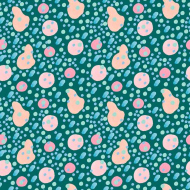 Seamless abstract pattern with pastel shapes on trendy green background. Watercolor, textural, repeating hand painted print. Designs for textile, fabric, wrapping paper, packaging, scrapbook paper.