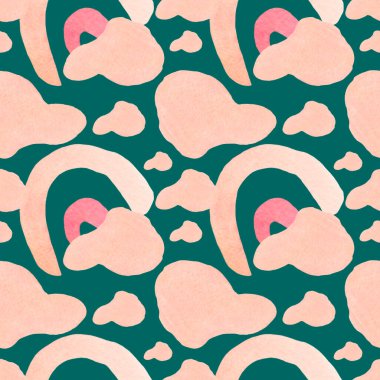 Seamless abstract pattern with pastel shapes on trendy green background. Watercolor, textural, repeating hand painted print. Designs for textile, fabric, wrapping paper, packaging, scrapbook paper.