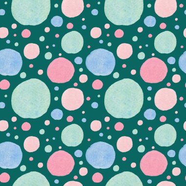 Seamless abstract pattern with pastel shapes on trendy green background. Watercolor, textural, repeating hand painted print. Designs for textile, fabric, wrapping paper, packaging, scrapbook paper.