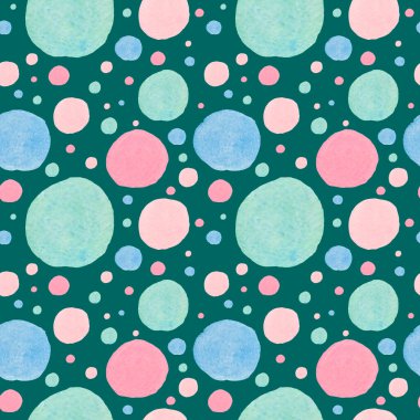 Seamless abstract pattern with pastel shapes on trendy green background. Watercolor, textural, repeating hand painted print. Designs for textile, fabric, wrapping paper, packaging, scrapbook paper.
