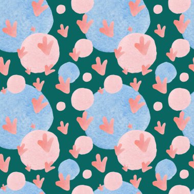 Seamless abstract pattern with pastel shapes on trendy green background. Watercolor, textural, repeating hand painted print. Designs for textile, fabric, wrapping paper, packaging, scrapbook paper.