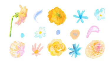 Bahar çiçeklerinin el çizimleri çocuk tarzında balmumu boya kalemleri çizer. Dokulu, beyaz izole arka planda pastel kalemli çiçek desenli resimler. Paketler, çıkartmalar, afişler için tasarımlar..
