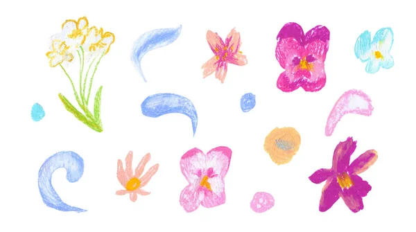 Set Spring Flowers Hand Drawn Wax Crayons Children Style Textured — Stock Photo, Image