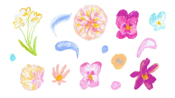 Set Spring Flowers Hand Drawn Wax Crayons Children Style Textured — Stock Photo, Image