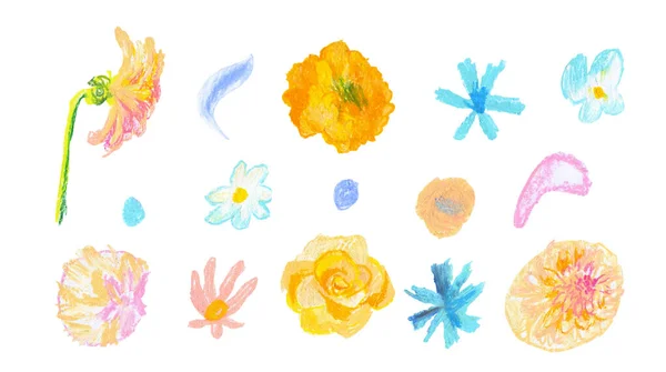 Set Spring Flowers Hand Drawn Wax Crayons Children Style Textured — Stock Photo, Image
