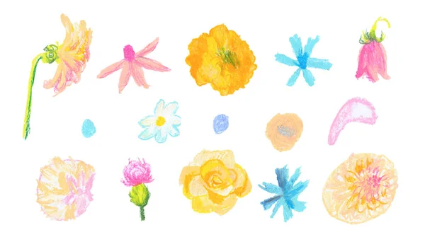 Set Spring Flowers Hand Drawn Wax Crayons Children Style Textured — Stock Photo, Image