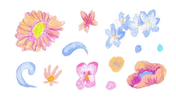 스프링 세트의 손으로 크레용 아이들의 스타일이다 텍스처화 꽃으로 파스텔 포장을 — 스톡 사진