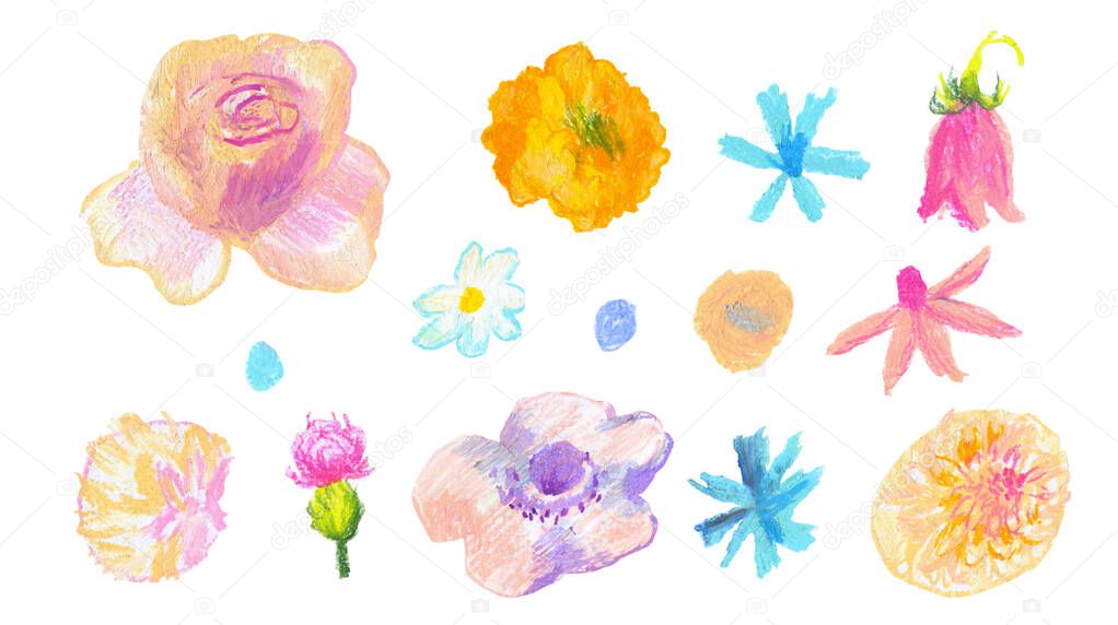 Set of spring flowers hand drawn wax crayons in children's style.Textured,floral collection of illustrations with pastel pencils on white isolated background.Designs for packaging,stickers,banners.
