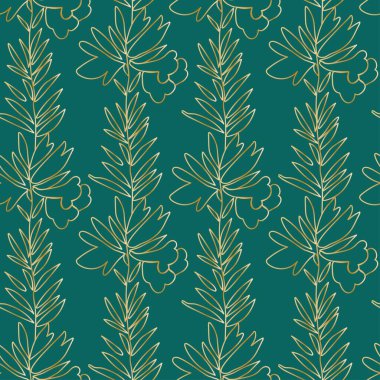 Seamless Minimalistic Floral pattern with golden line on trendy green background.Vector,festive,repeating hand drawn print.Designs for textile, fabric, wrapping paper, packaging, scrapbook paper.