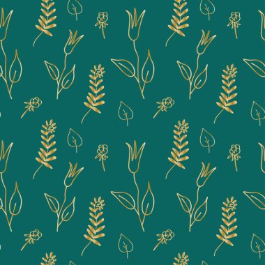 Seamless Minimalistic Floral pattern with golden line on trendy green background.Vector,festive,repeating hand drawn print.Designs for textile, fabric, wrapping paper, packaging, scrapbook paper.