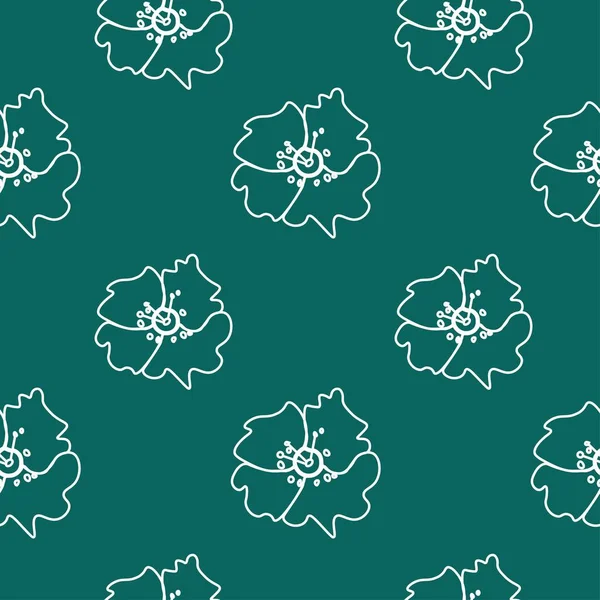 Seamless Minimalistic Floral Pattern White Line Trendy Green Background Vector — Stockvektor