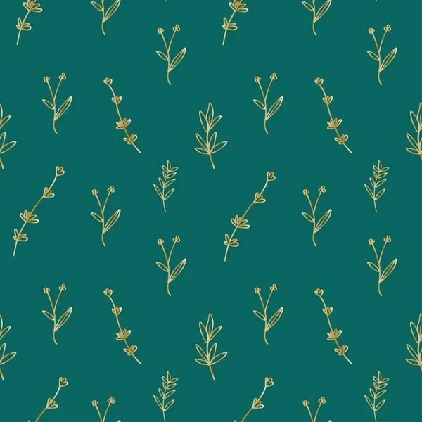 Seamless Minimalistic Floral Pattern Golden Line Trendy Green Background Vector — Stockvektor