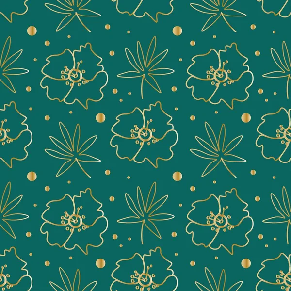 Seamless Minimalistic Floral Pattern Golden Line Trendy Green Background Vector — ストックベクタ