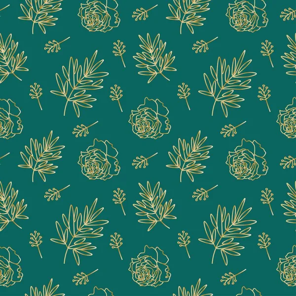 Seamless Minimalistic Floral Pattern Golden Line Trendy Green Background Vector — Stockvektor