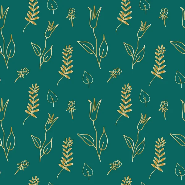 Seamless Minimalistic Floral pattern with golden line on trendy green background.Vector,festive,repeating hand drawn print.Designs for textile, fabric, wrapping paper, packaging, scrapbook paper.