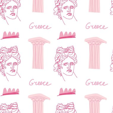 Seamless Vector pattern with ancient Greek gods for valentine's day.In love,festive,pink,repeating hand painted print. Designs for textile, fabric, wrapping paper, packaging, scrapbook paper
