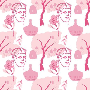 Seamless Vector pattern with ancient Greek gods for valentine's day.In love,festive,pink,repeating hand painted print. Designs for textile, fabric, wrapping paper, packaging, scrapbook paper