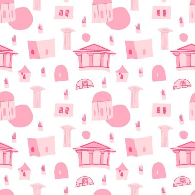 Seamless Vector pattern with ancient architecture for valentine's day.In love,festive,pink,repeating hand painted print. Designs for textile, fabric, wrapping paper, packaging, scrapbook paper