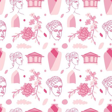 Seamless Vector pattern with ancient Greek gods for valentine's day.In love,festive,pink,repeating hand painted print. Designs for textile, fabric, wrapping paper, packaging, scrapbook paper