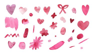Set of Watercolor pink, abstract texture illustrations for Valentine's Day on a white isolated background.Collection of simple blots,hearts,flowers hand painted.Designs for cards,posters,stickers,web.
