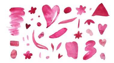 Set of Watercolor pink, abstract texture illustrations for Valentine's Day on a white isolated background.Collection of simple blots,hearts,flowers hand painted.Designs for cards,posters,stickers,web.