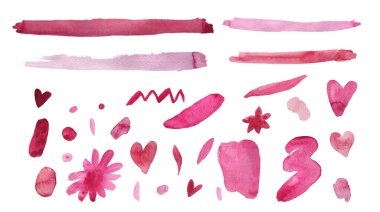 Set of Watercolor pink, abstract texture illustrations for Valentine's Day on a white isolated background.Collection of simple blots,hearts,flowers hand painted.Designs for cards,posters,stickers,web.