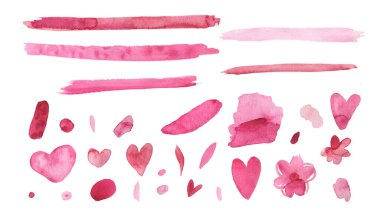 Set of Watercolor pink, abstract texture illustrations for Valentine's Day on a white isolated background.Collection of simple blots,hearts,flowers hand painted.Designs for cards,posters,stickers,web.