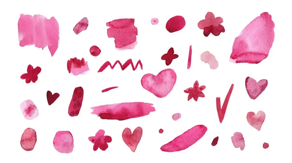 Set Watercolor Pink Abstract Texture Illustrations Valentine Day White Isolated — Zdjęcie stockowe